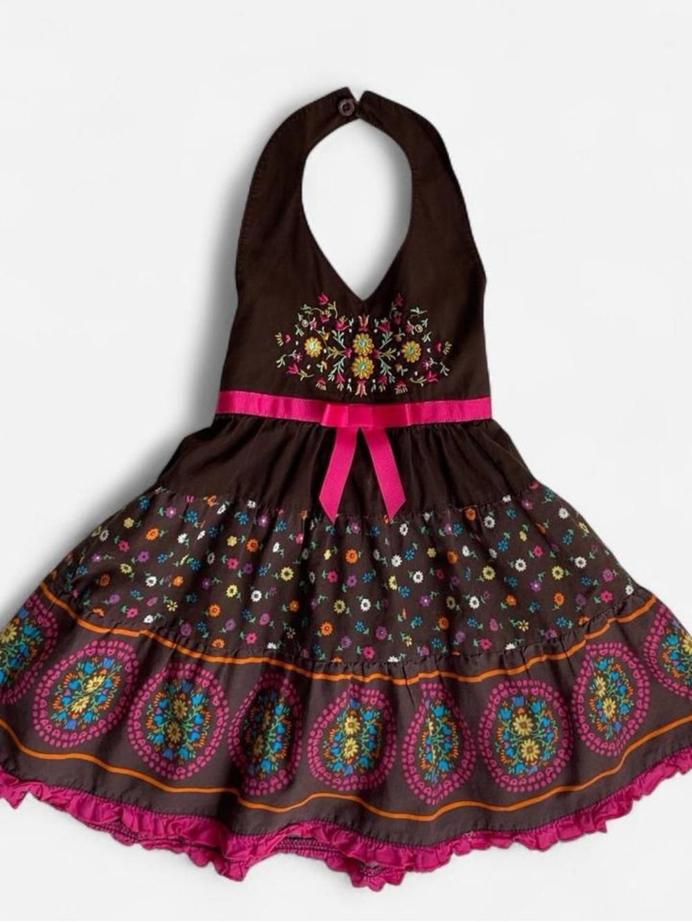 Girls Cotton Brown Floral Halter Sundress with Pink Trim
